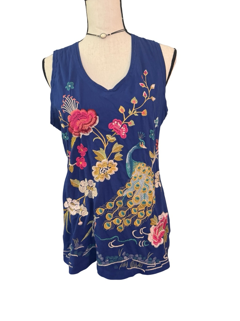 Johnny Was JWLA Peacock Embroidered Tank Top Blue Women’s Medium Boho